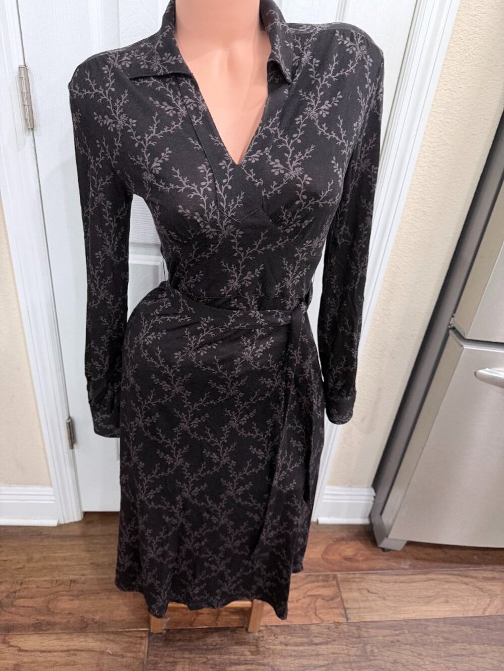 Y2K Eddie Bauer Petite XS Tencel Wool Botanical Wrap Midi Dress Dark Academia